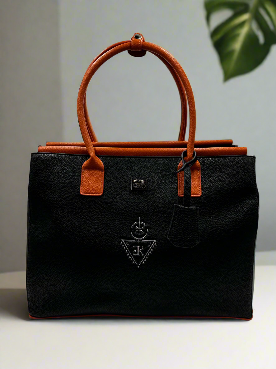 Sac fourre-tout THILLELI noir élégant avec ganses brunes, grand et pratique pour femmes.