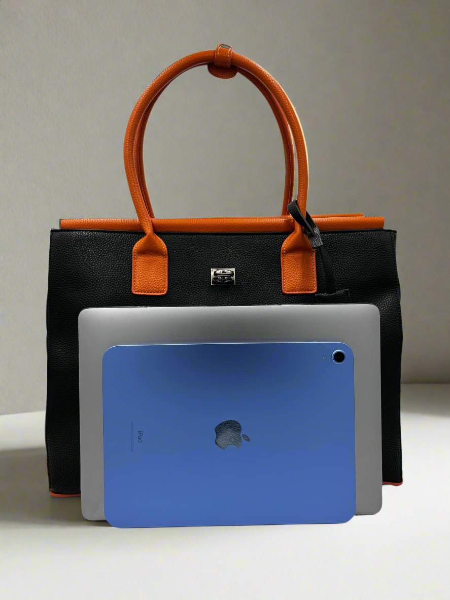 Sac fourre-tout THILLELI noir avec ganses brunes, spacieux et élégant pour femmes modernes.