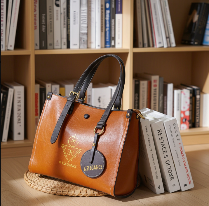 Sac AGGOUR en cuir orangé avec anses noires et logo doré K.ELEGANCE, élégant et spacieux avec trois compartiments.