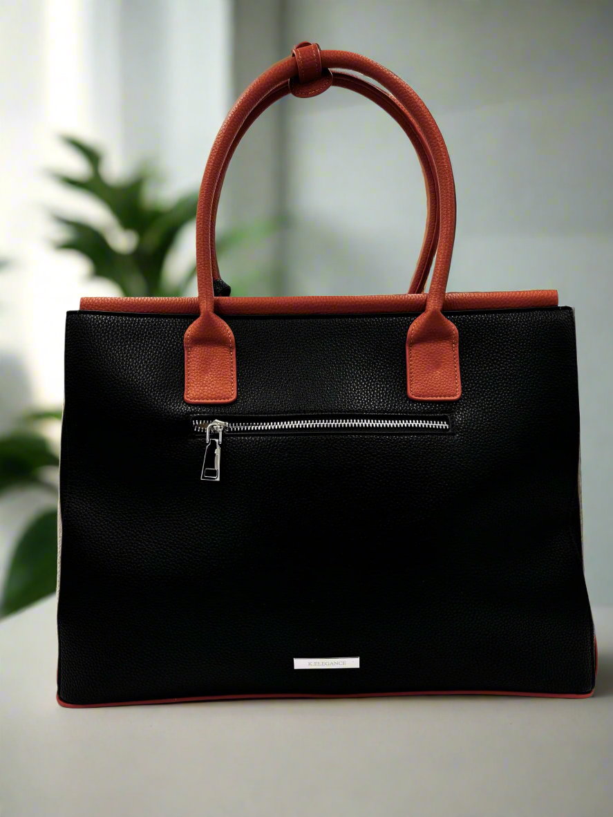 Sac fourre-tout THILLELI noir avec ganses brunes élégant et spacieux pour femme.