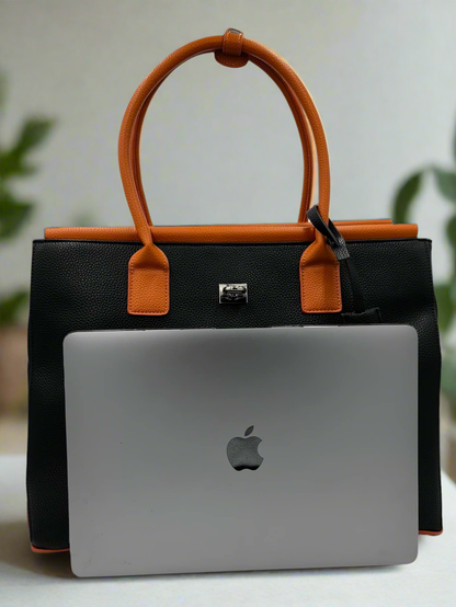 Sac fourre-tout THILLELI noir avec ganses brunes, élégant et spacieux pour ordinateur portable et usage quotidien.