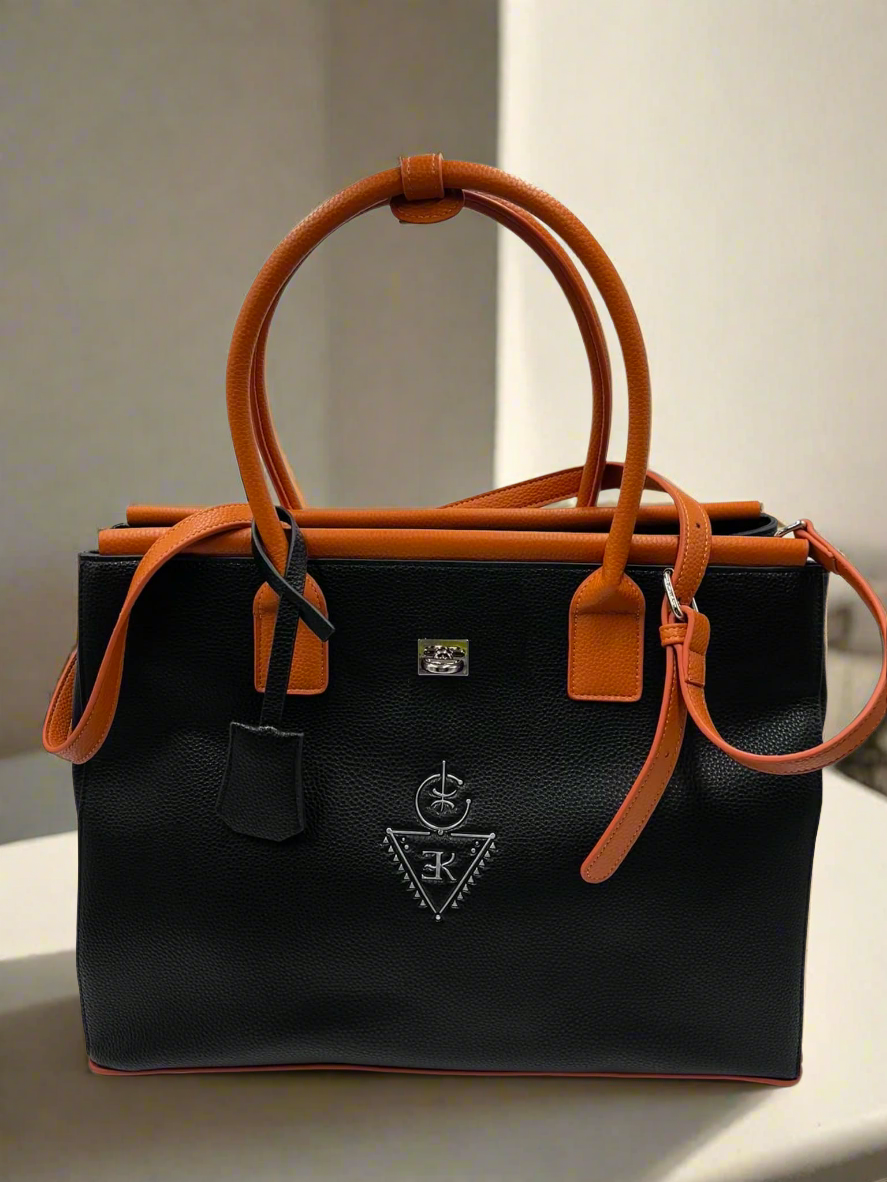 Sac fourre-tout THILLELI noir avec ganses brunes, élégant et spacieux pour femmes.