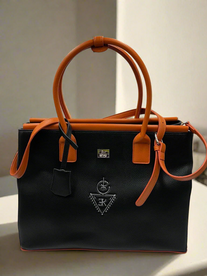 Sac fourre-tout THILLELI noir avec ganses brunes, élégant et spacieux pour femmes.