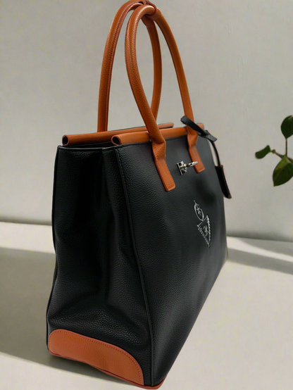 Sac fourre-tout THILLELI noir avec ganses brunes élégant et spacieux pour femmes