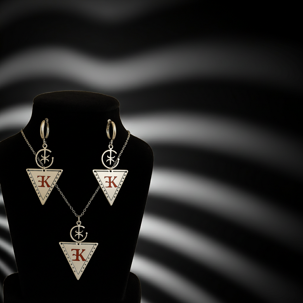 A black velvet jewelry display holds a sophisticated set of silver earrings and Collier LALLA necklaces with triangle pendants, engraved with a red K and black cross, set against a wavy black-and-white background.