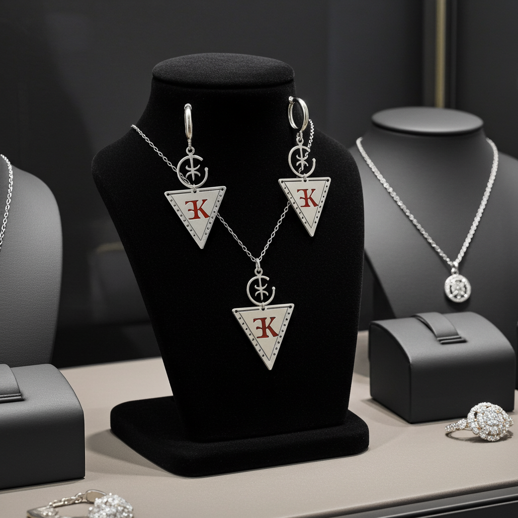 A jewelry display features the Collier LALLA silver necklace and matching earrings, both with large triangle pendants showing a red K and circle-cross symbols, elegantly arranged on a black stand with other elegant pieces.