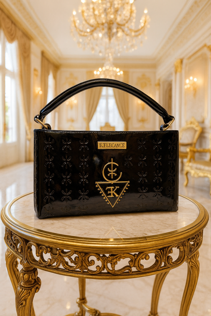 Sac TASSEDA en cuir noir premium avec logo doré 3D K.ELEGANCE, design amazigh embossé, élégant et durable.