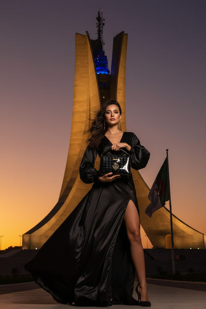Sac TASSEDA K.ELEGANCE noir porté avec une tenue de soirée